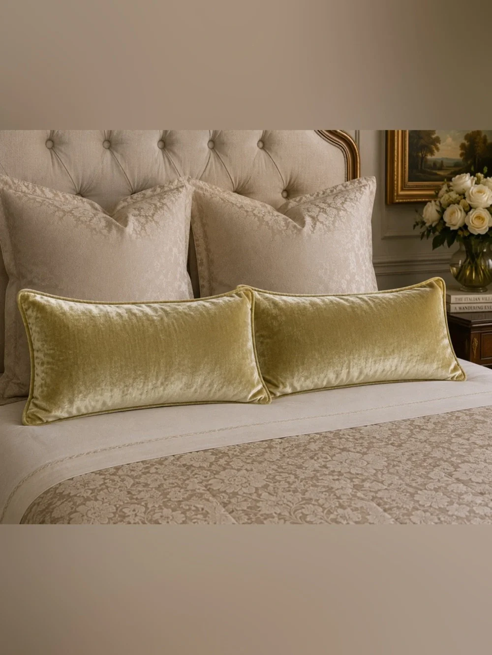 Set of 2 Luxury Velvet Lumbar Pillow Covers 18x40 Chartreuse Gold Designer